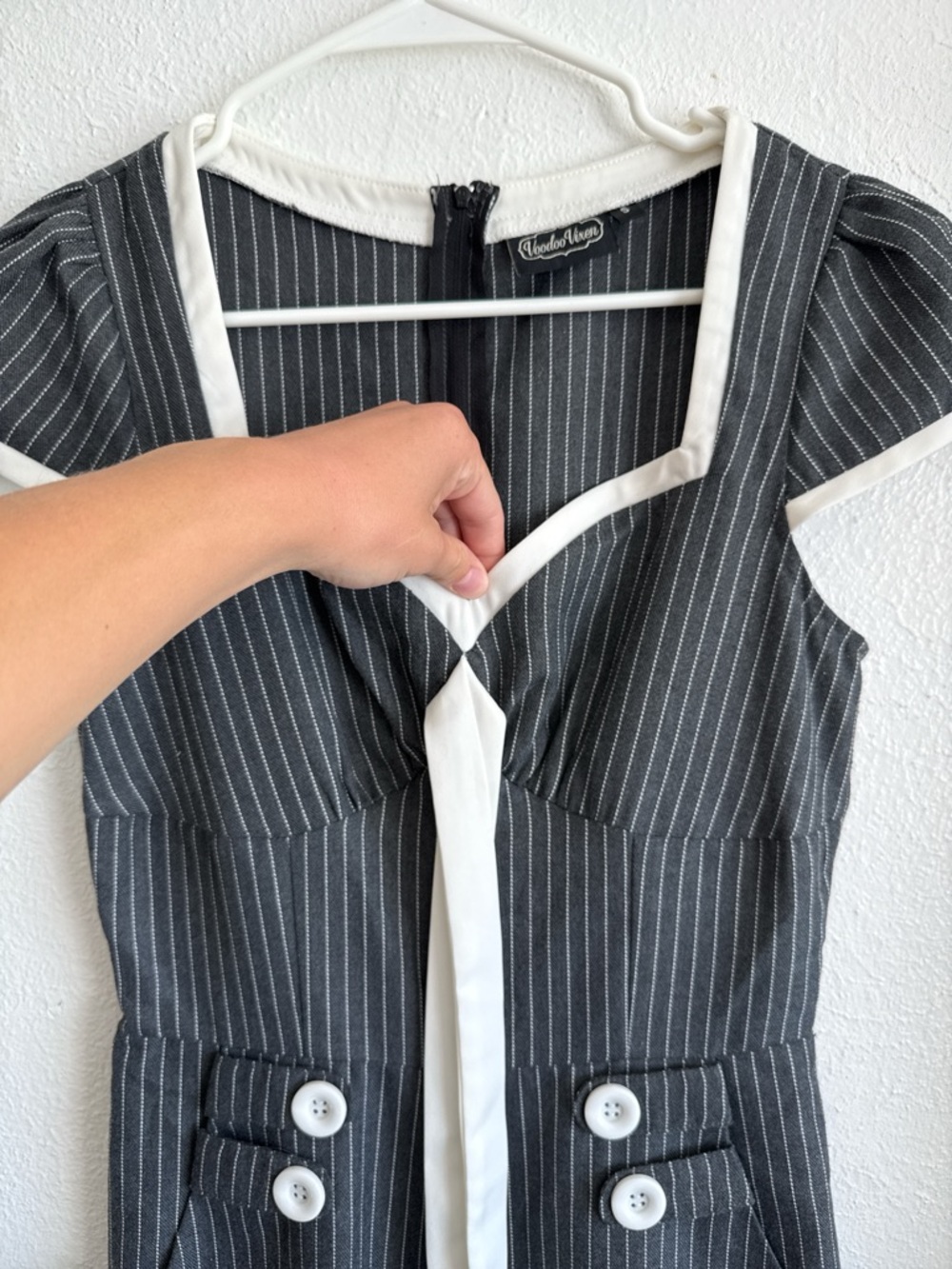 Voodoo Vixen Black Pinstripe Tie-Front Jumpsuit with Cream Trim - Picture 6 of 8